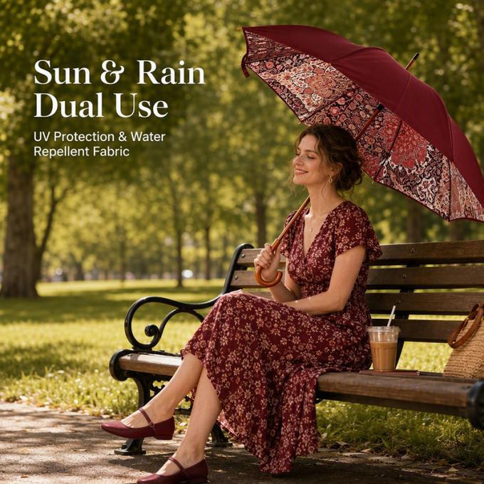 Woman sitting on park bench holding vintage floral doubleâ€‘layer umbrella, sun & rain dualâ€‘use, UVâ€‘protection waterâ€‘repellent fabric
