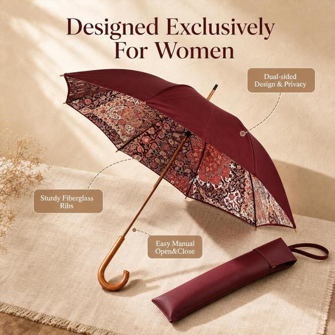 Vintage floral stick umbrella feature graphic: dualâ€‘sided design, sturdy fiberglass ribs, manual open close, matching carry pouch for women
