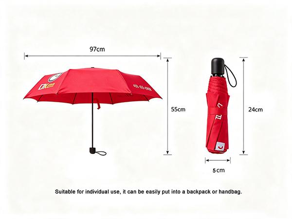 Promotional custom logo 3â€‘fold umbrella dimension diagram, open diameter 97cm, folded length 24cm, compact for backpack and handbag