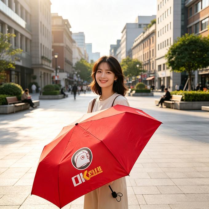 Woman holding bright red custom printed promotional 3â€‘fold umbrella in city street, highâ€‘visibility branded marketing umbrella