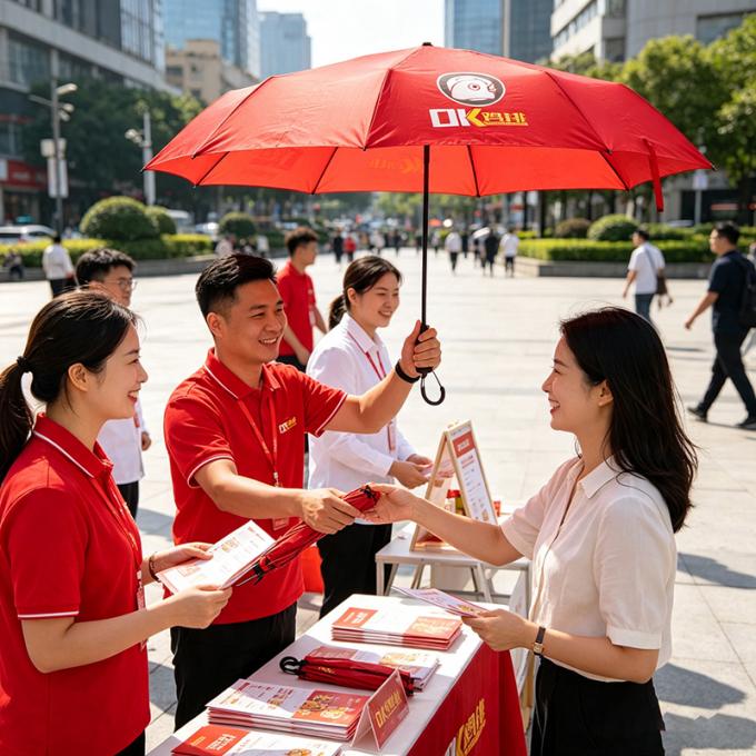 Branded promotional 3â€‘fold umbrella handed out as corporate gift at outdoor street marketing event for food company